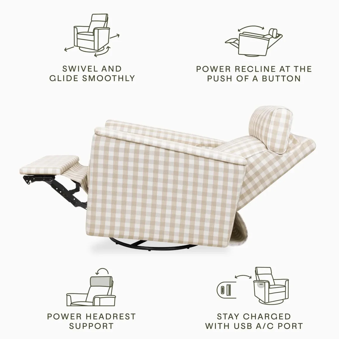 Namesake Willa Plus Electric Glider Recliner w/ Electric Headrest - Tan Gingham