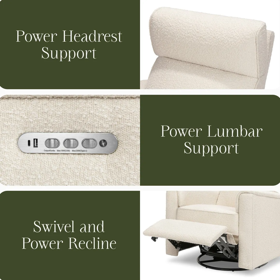 Namesake Willa Pro Power Recliner and Swivel Glider with Power Headrest, Lumbar & Light - Performance Ivory Boucle