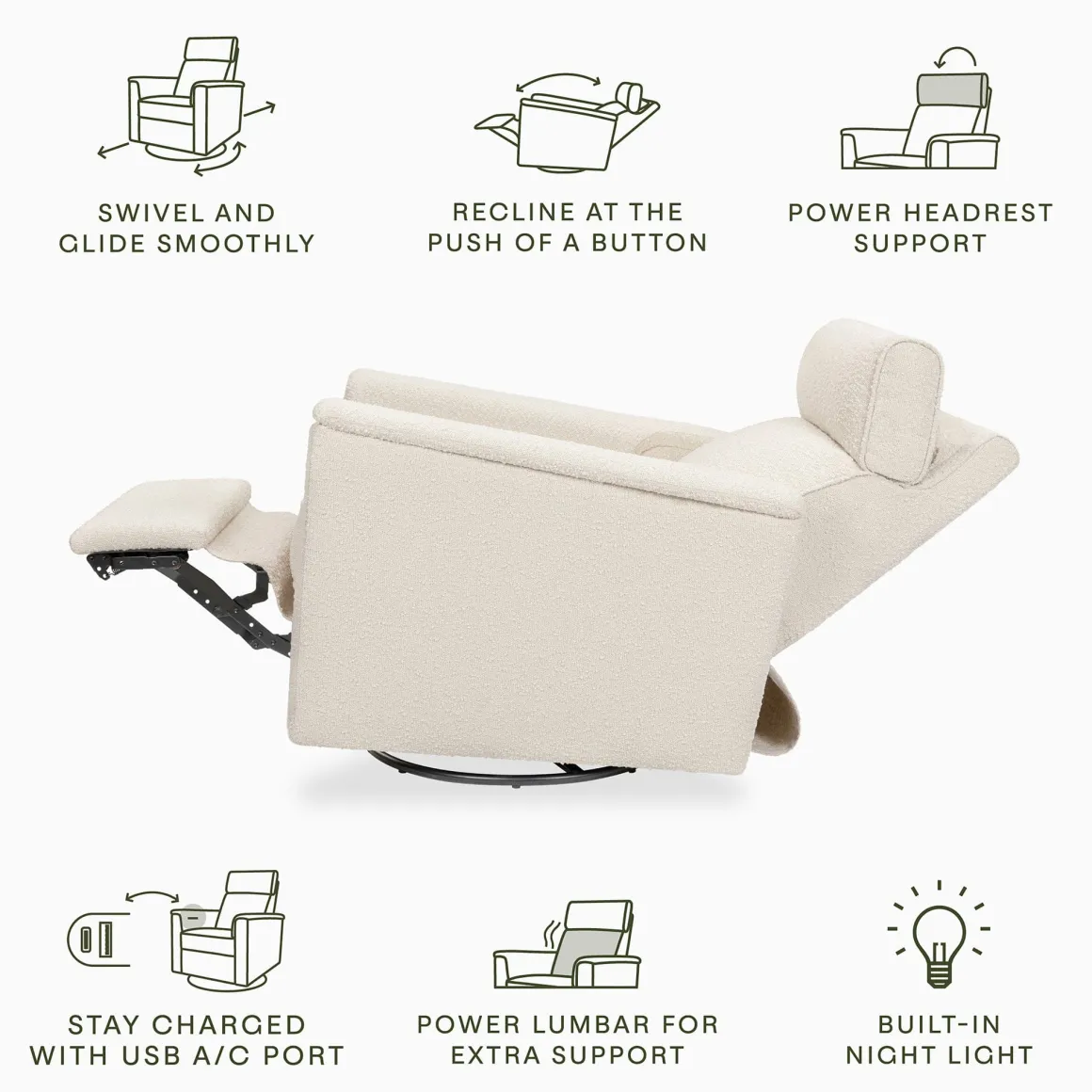 Namesake Willa Pro Power Recliner and Swivel Glider with Power Headrest, Lumbar & Light - Performance Ivory Boucle