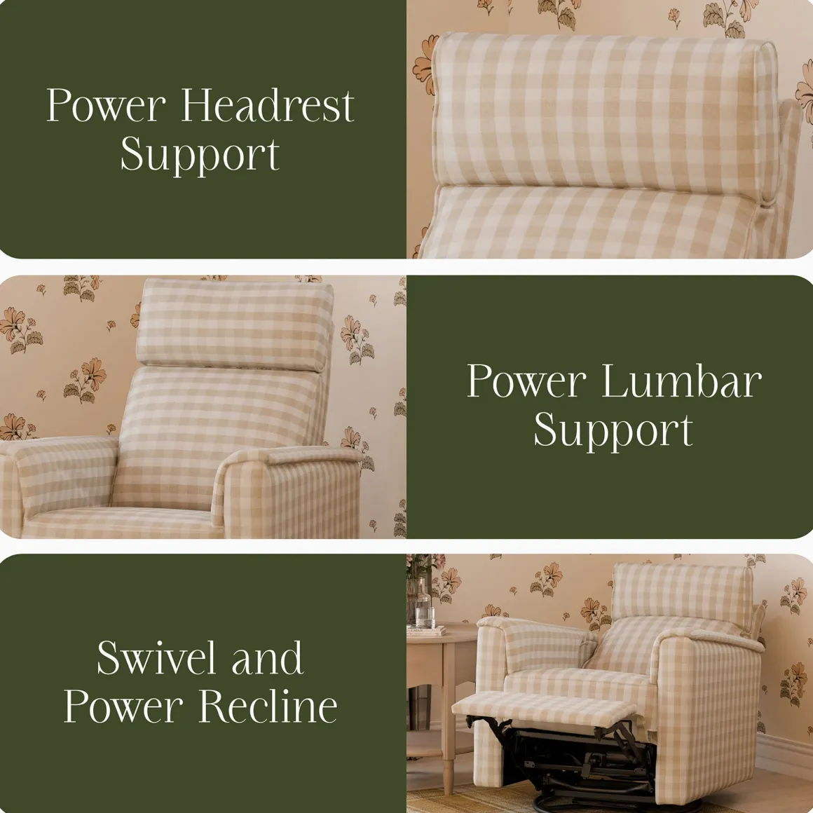 Namesake Willa Pro Power Recliner and Swivel Glider with Power Headrest, Lumbar & Light - Tan Gingham