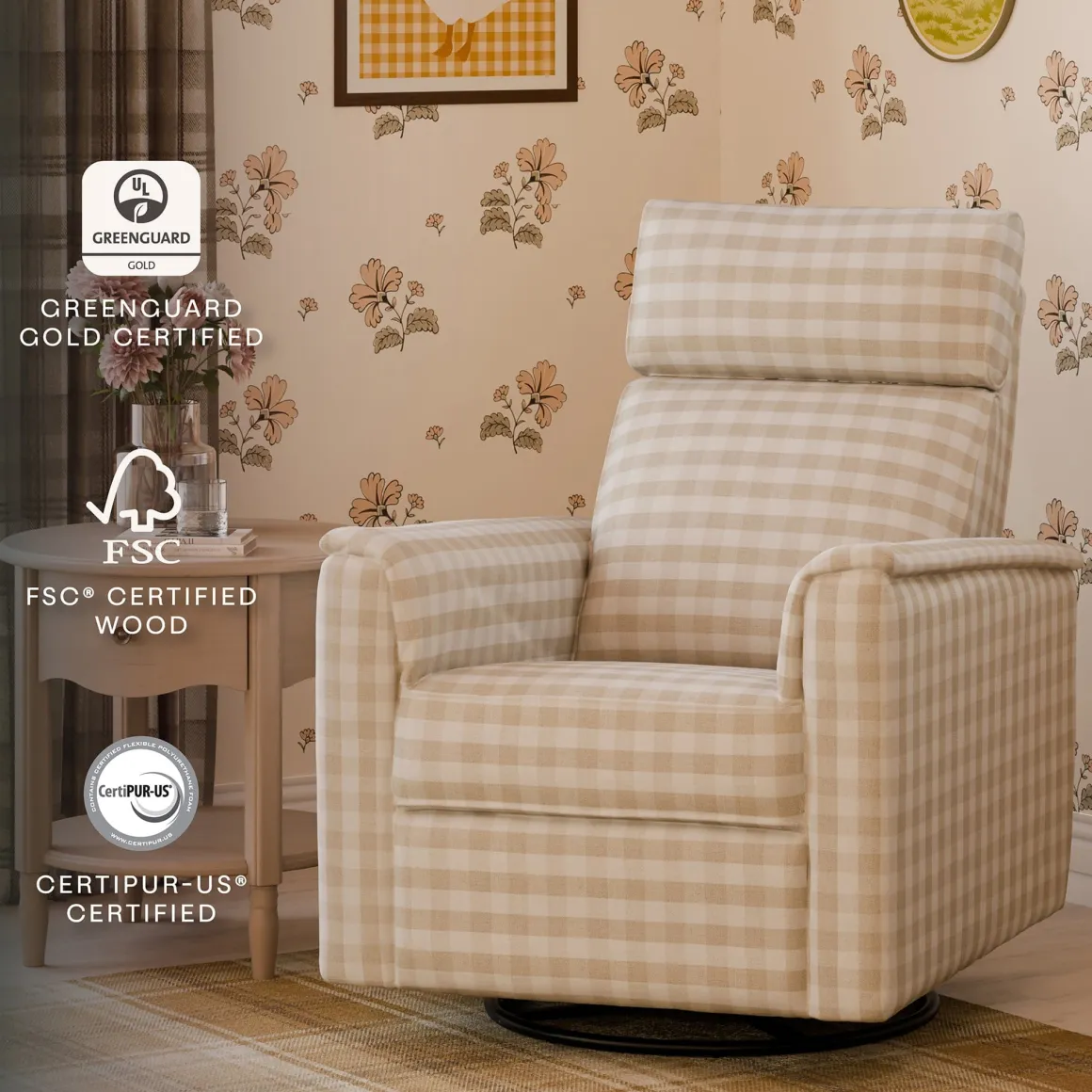 Namesake Willa Pro Power Recliner and Swivel Glider with Power Headrest, Lumbar & Light - Tan Gingham