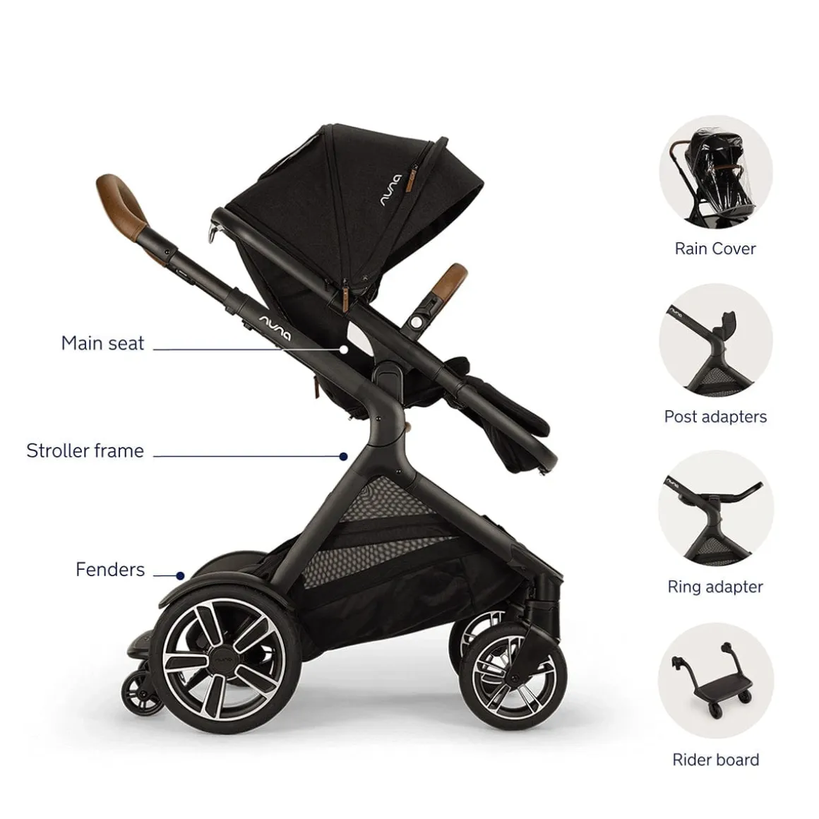 Nuna DEMI Next Double Stroller with Rider Board Bundle - Caviar