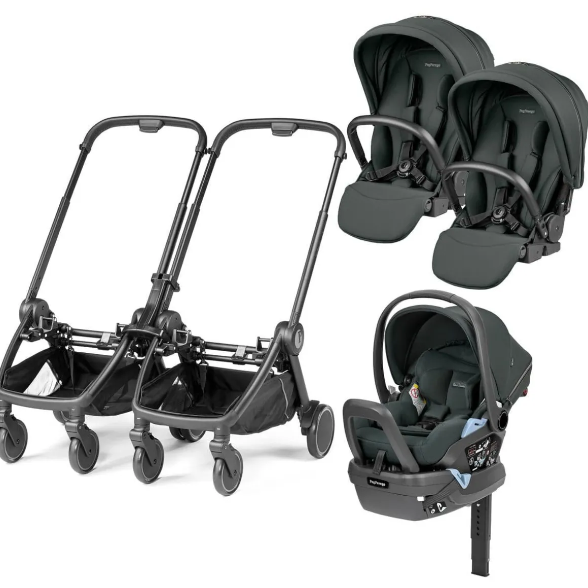 PEG City Loop Double Stroller + Primo Viaggio Lounge Travel System Bundle - Black / Metal / Metal