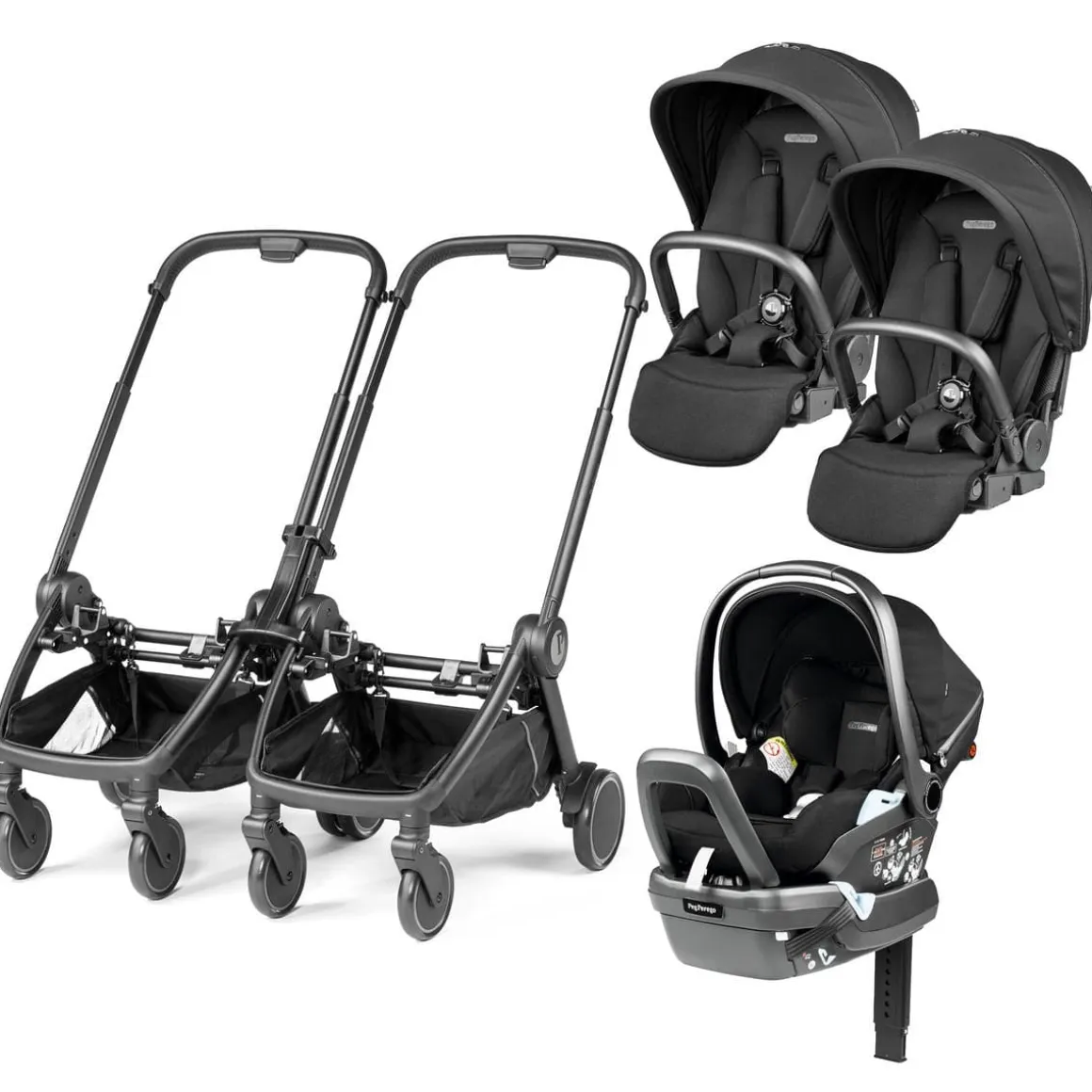 PEG City Loop Double Stroller + Primo Viaggio Lounge Travel System Bundle - Black / True Black / True Black