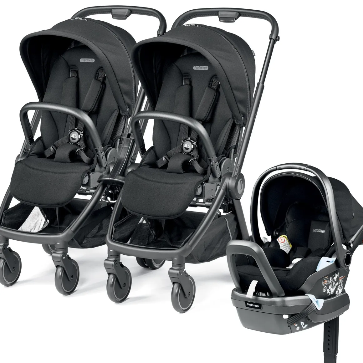 PEG City Loop Double Stroller + Primo Viaggio Lounge Travel System Bundle - Black / True Black / True Black