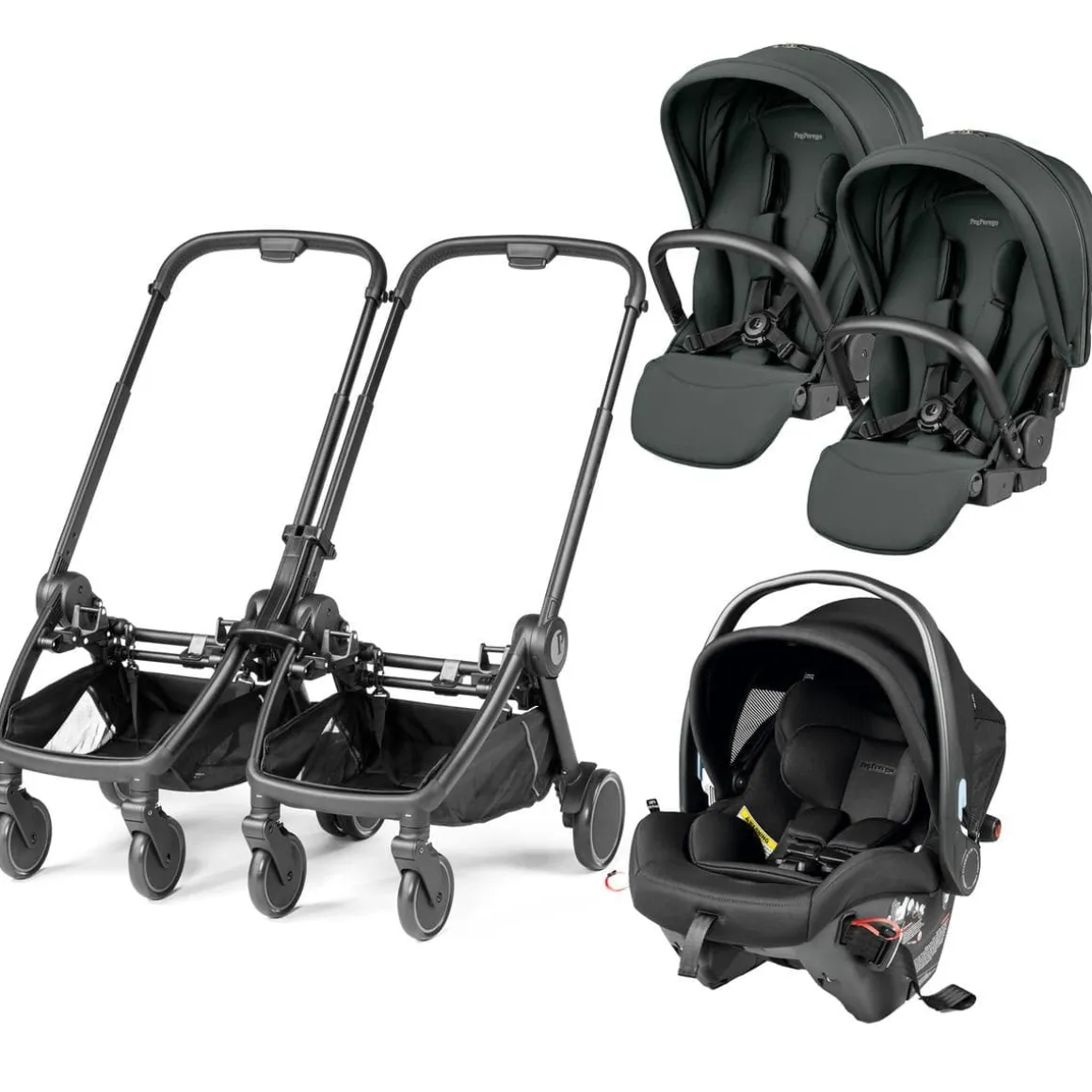 PEG City Loop Double Stroller + Primo Viaggio Urban Mobility Baseless Infant Car Seat Travel System Bundle - Black / Metal / True Black