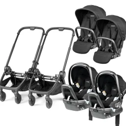 PEG City Loop Twin Stroller + Primo Viaggio Lounge Travel System Bundle - Black / True Black / True Black