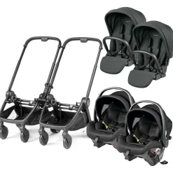 PEG City Loop Twin Stroller + Primo Viaggio Urban Mobility Baseless Infant Car Seat Travel System Bundle - Black / Metal / True Black