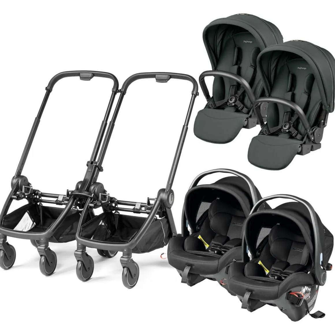 PEG City Loop Twin Stroller + Primo Viaggio Urban Mobility Baseless Infant Car Seat Travel System Bundle - Black / Metal / True Black