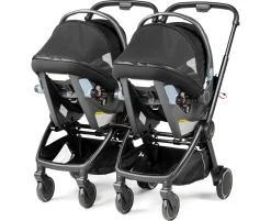 PEG City Loop Twin Stroller + Primo Viaggio Urban Mobility Baseless Infant Car Seat Travel System Bundle - Black / Metal / True Black