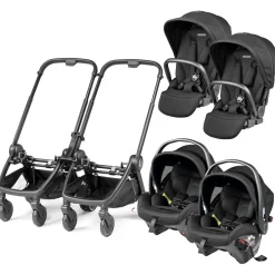 PEG City Loop Twin Stroller + Primo Viaggio Urban Mobility Baseless Infant Car Seat Travel System Bundle - Black / True Black / True Black