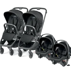 PEG City Loop Twin Stroller + Primo Viaggio Urban Mobility Baseless Infant Car Seat Travel System Bundle - Black / True Black / True Black