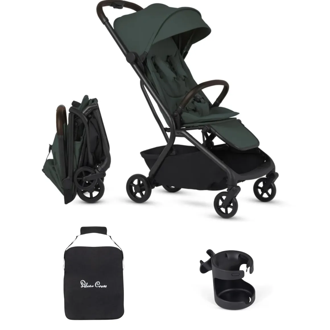 Silver Cross Nia Compact Travel Stroller + Cup Holder + Travel Bag Bundle - Conifer