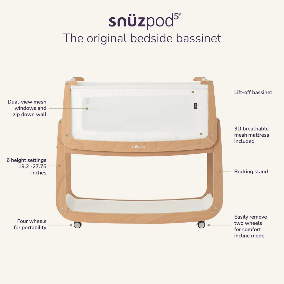 Snuz SnuzPod 5 Bedside Bassinet - Cashmere