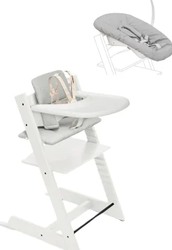 Stokke Tripp Trapp High Chair2 with Cushion, Newborn Set and Stokke Tray - White / Nordic Grey