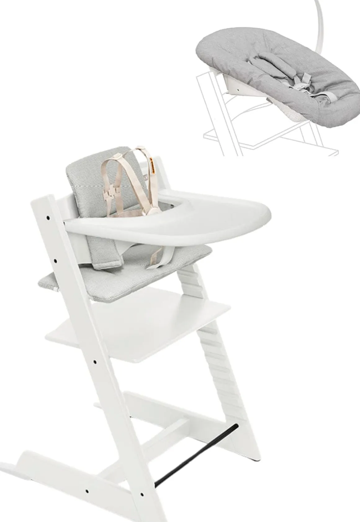 Stokke Tripp Trapp High Chair2 with Cushion, Newborn Set and Stokke Tray - White / Nordic Grey
