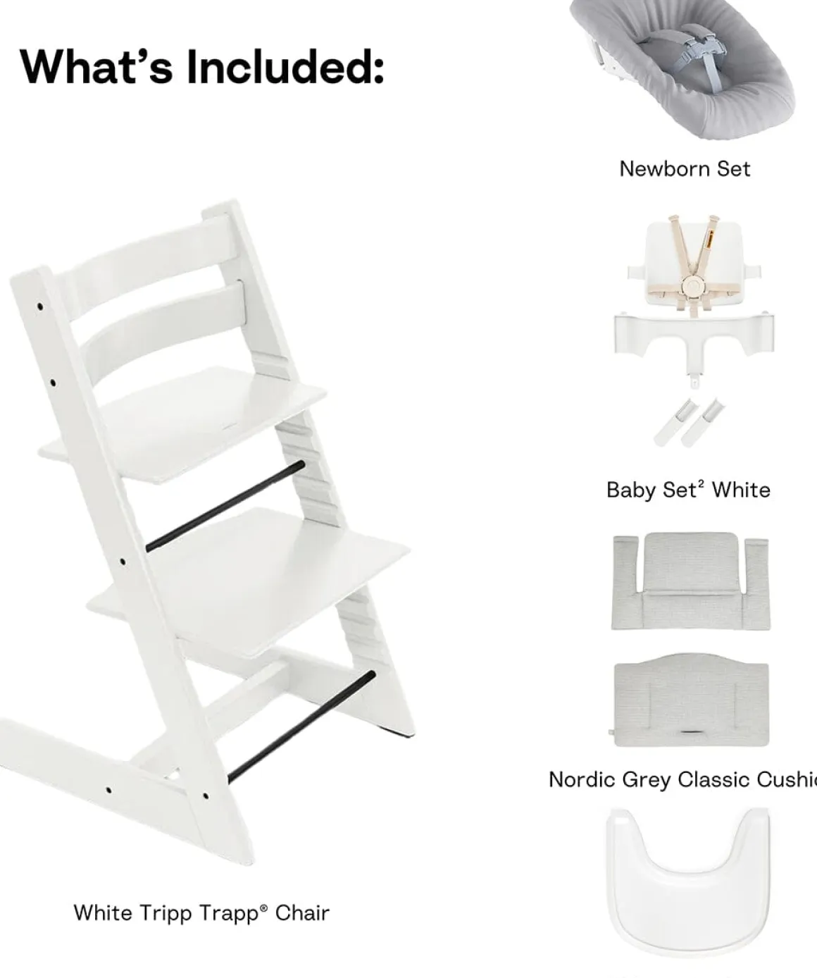 Stokke Tripp Trapp High Chair2 with Cushion, Newborn Set and Stokke Tray - White / Nordic Grey