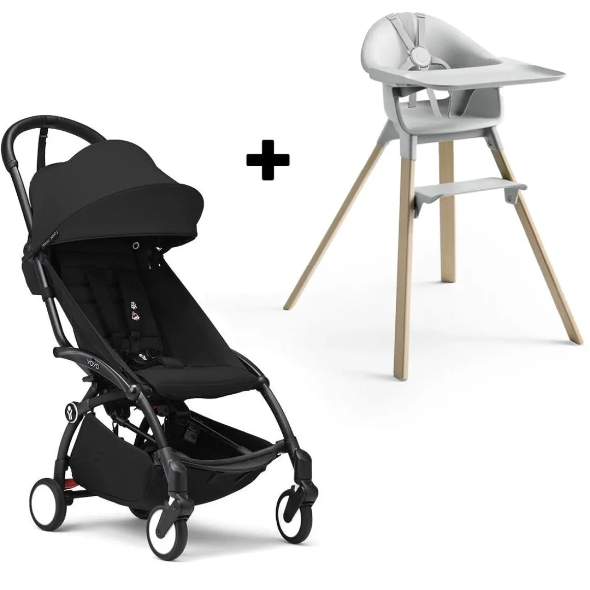 Stokke YOYO3 6+ Stroller + Clikk High Chair Bundle - Black / Black / Cloud Grey