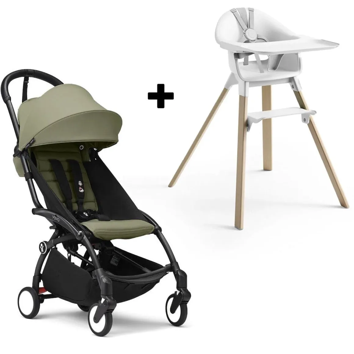 Stokke YOYO3 6+ Stroller + Clikk High Chair Bundle - Black / Olive / White