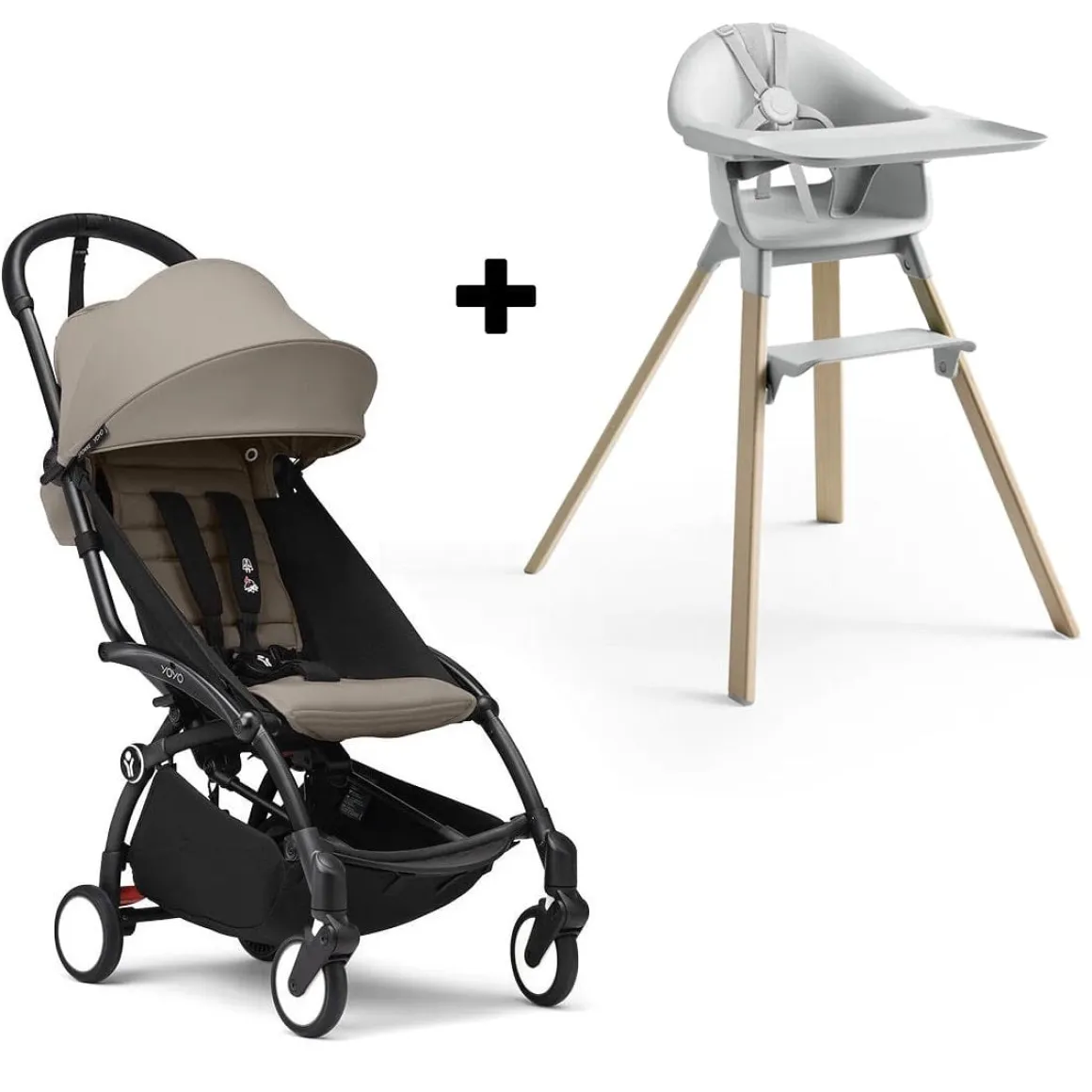 Stokke YOYO3 6+ Stroller + Clikk High Chair Bundle - Black / Taupe / Cloud Grey