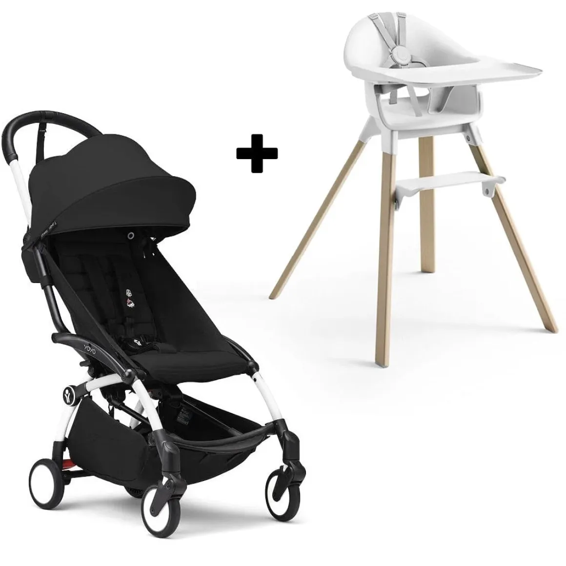 Stokke YOYO3 6+ Stroller + Clikk High Chair Bundle - White / Black / White