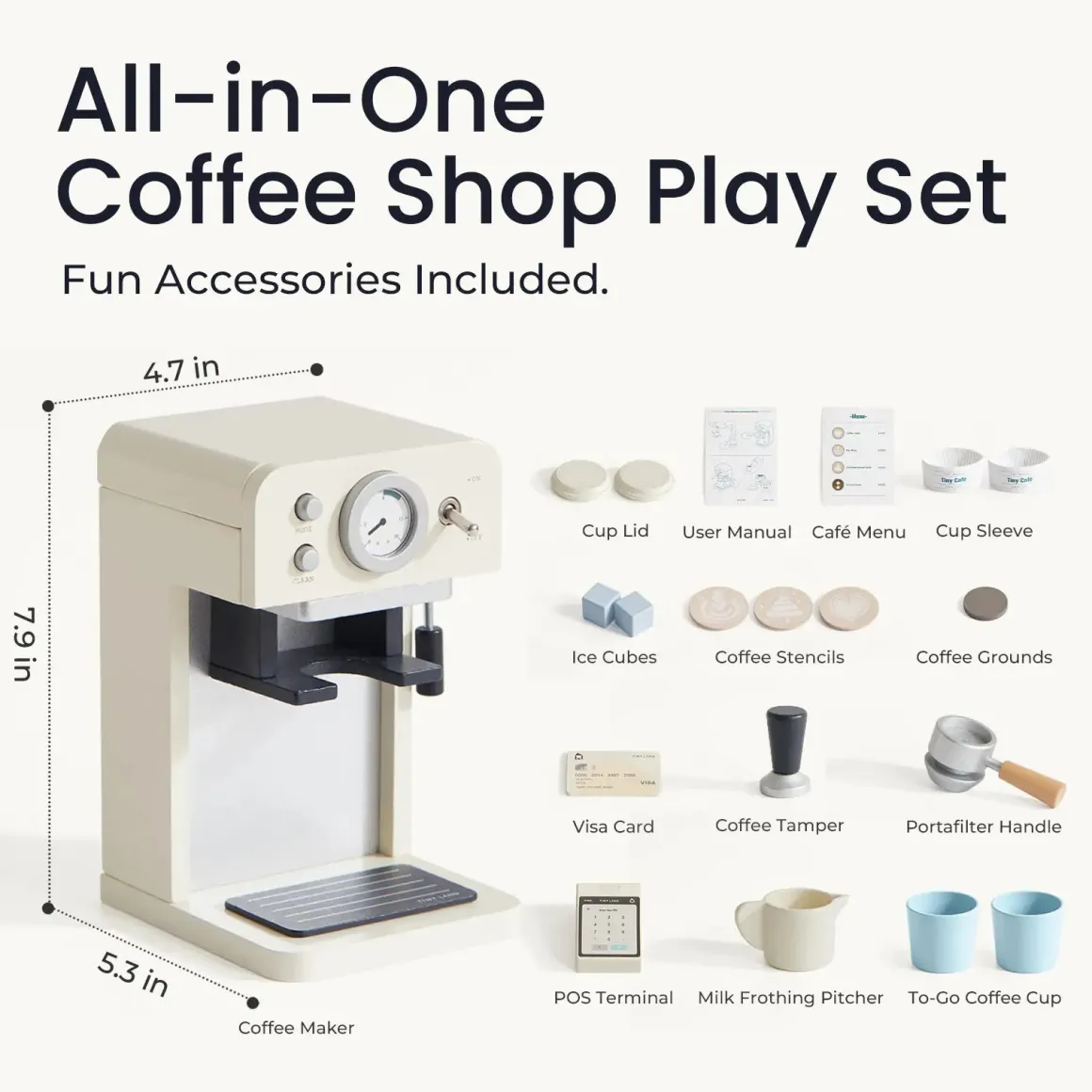 Tiny Land Play Kitchen Accessories – Children’s Coffee Maker: Wooden Café Play Set for Kids