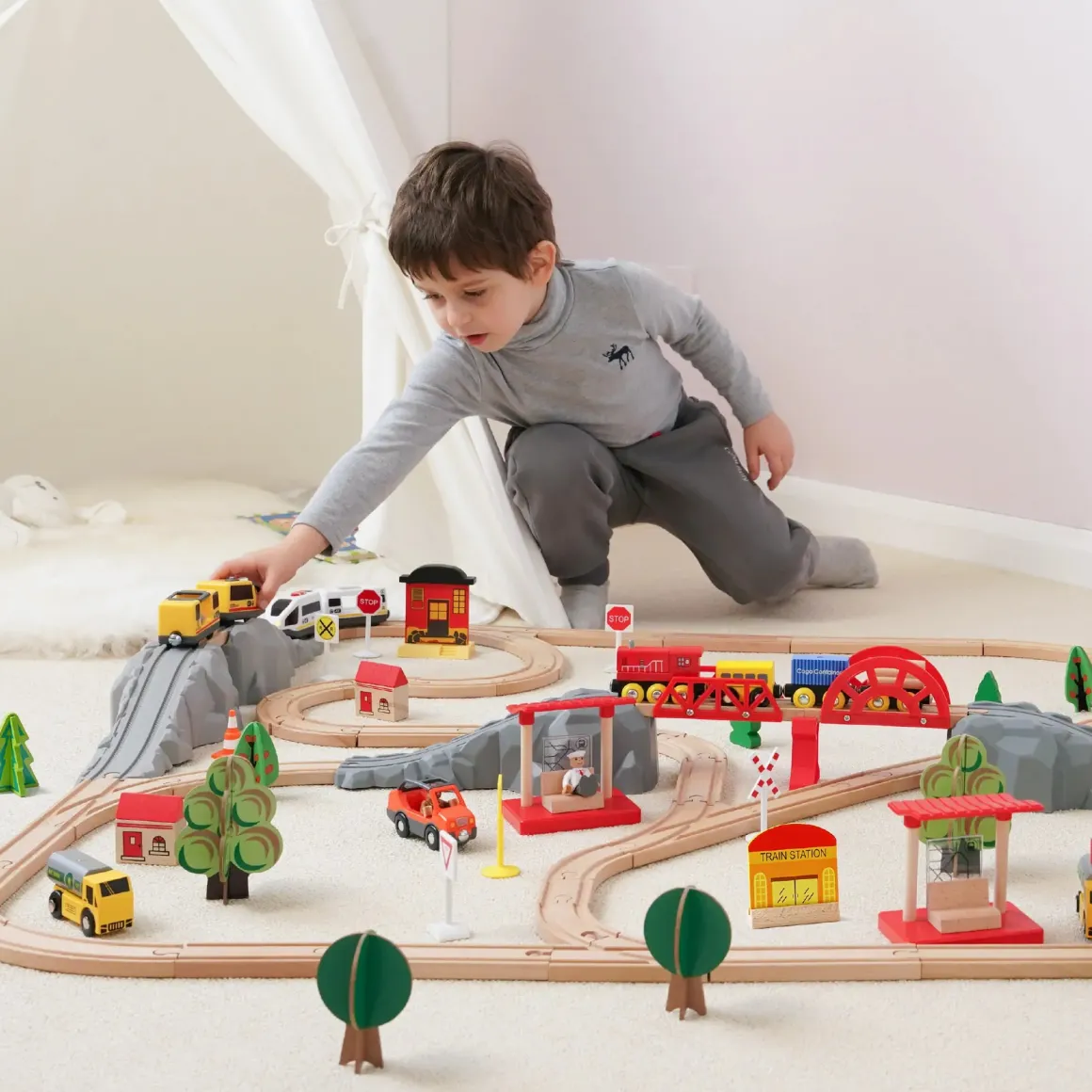 Tiny Land® Wooden Track Trains 55 Pcs