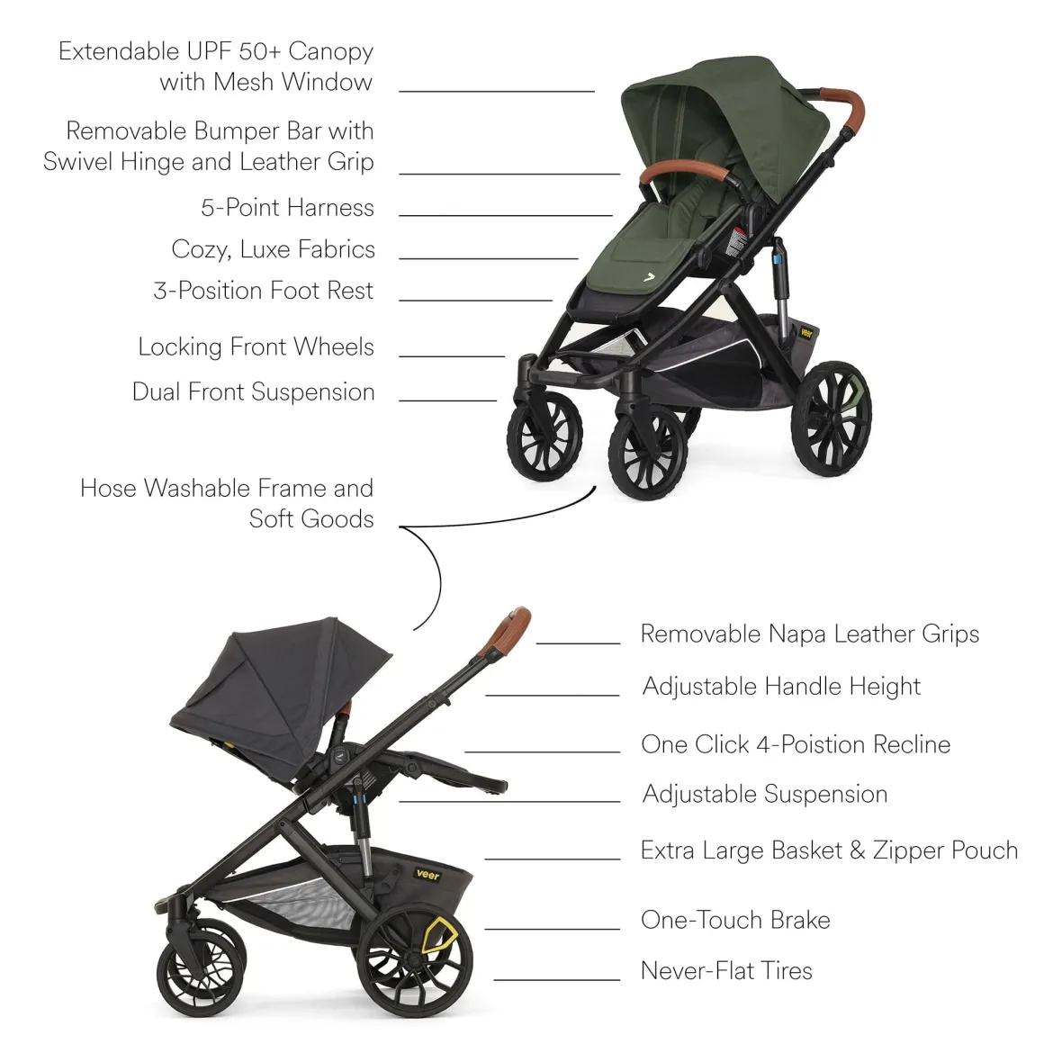Veer Switch&Roll Luxe Single-to-Double Stroller Bundle with Leather Kit - Green Jasper
