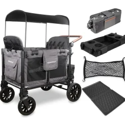 WonderFold W4 Luxe Pro (4 Seater) Stroller Wagon + Essentials Bundle - Charcoal Gray