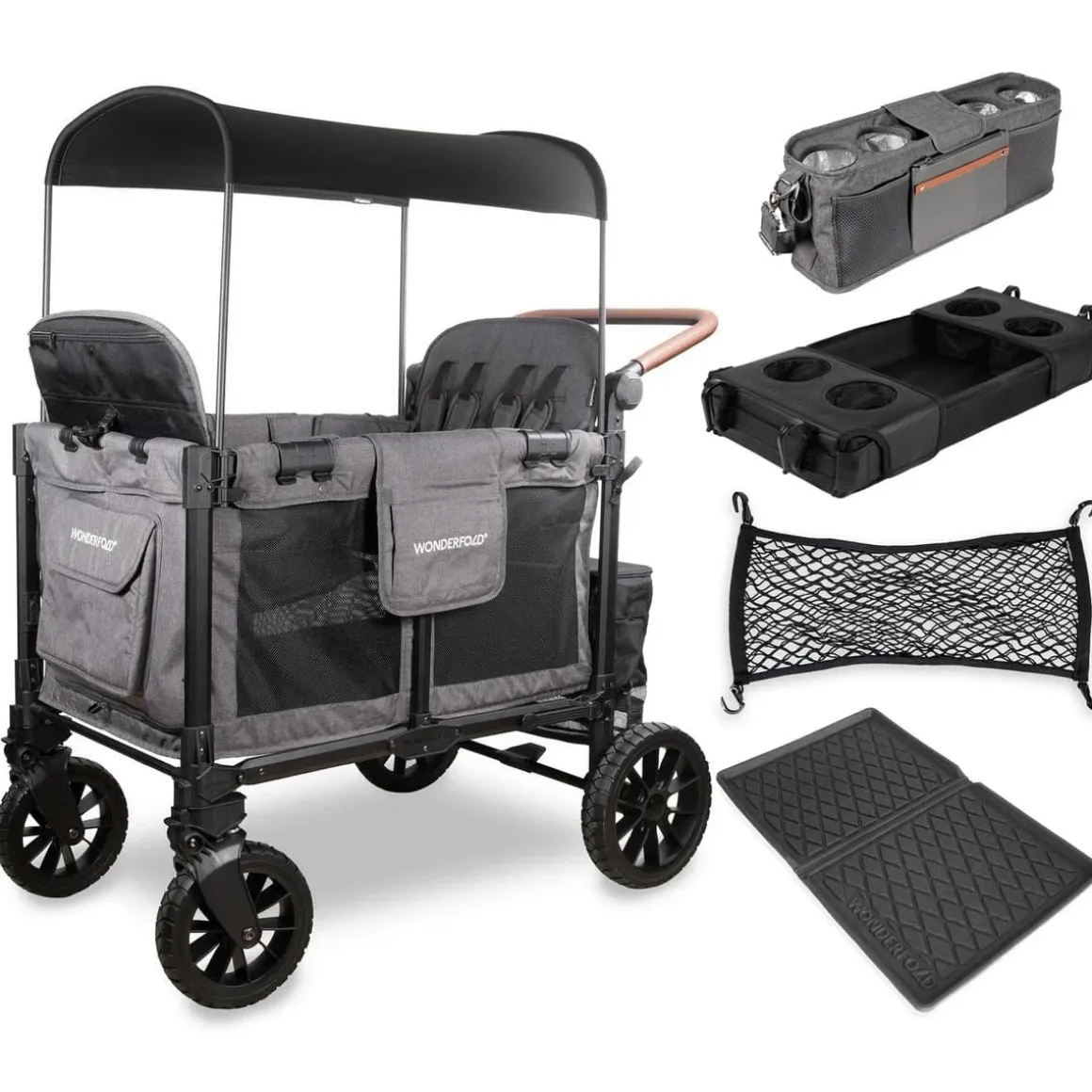 WonderFold W4 Luxe Pro (4 Seater) Stroller Wagon + Essentials Bundle - Charcoal Gray