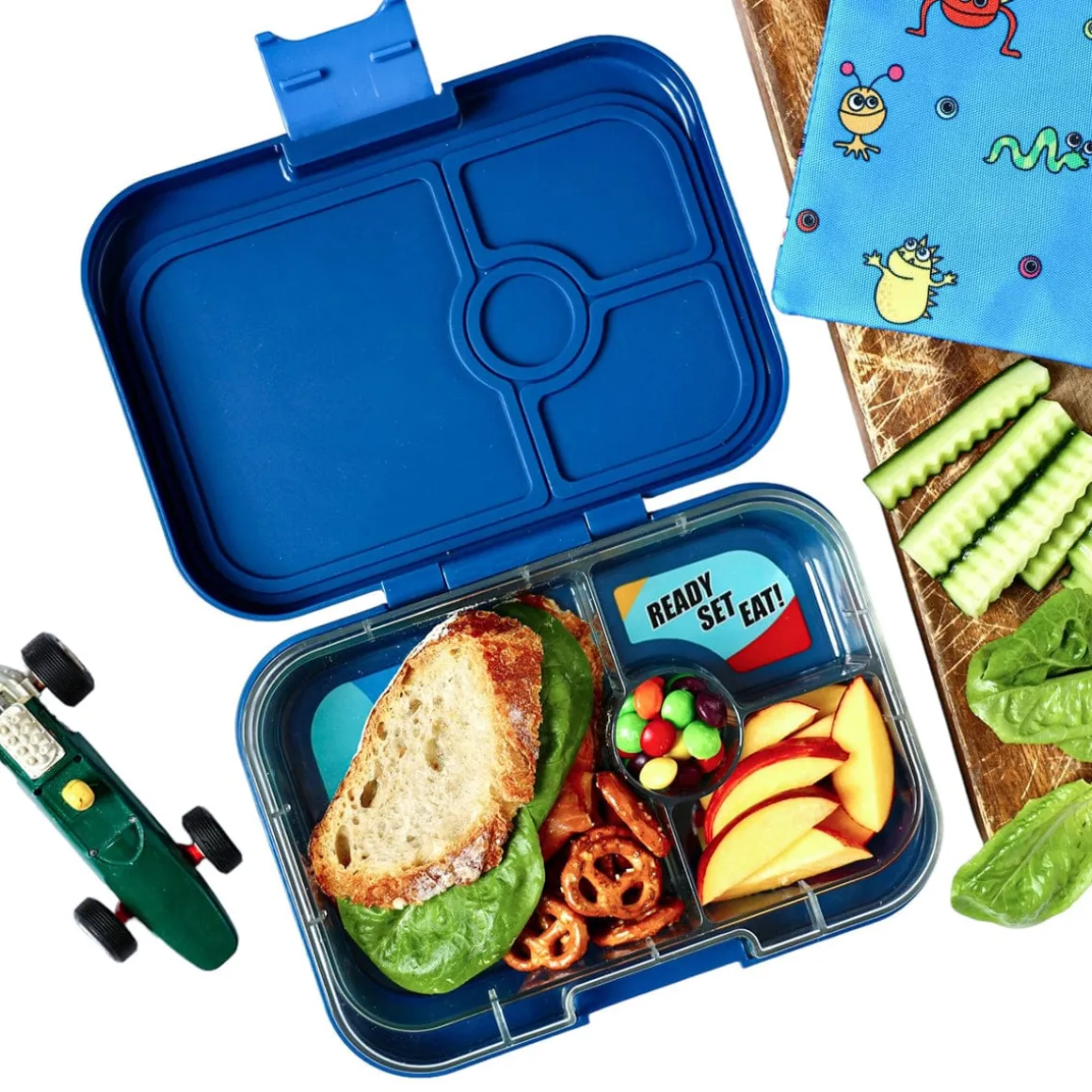 Yumbox Leakproof Bento Lunchbox, Panino - Monte Carlo Blue / Race Cars