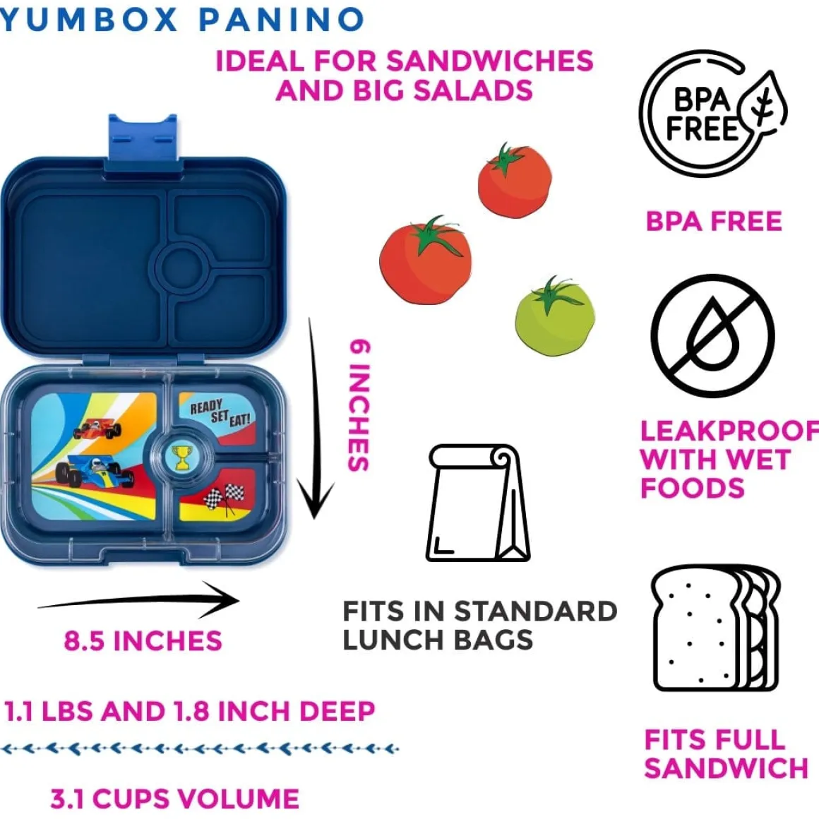 Yumbox Leakproof Bento Lunchbox, Panino - Monte Carlo Blue / Race Cars