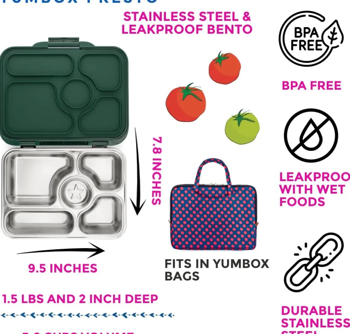 Yumbox Leakproof Bento Lunchbox, Presto Stainless Steel - Kale Green