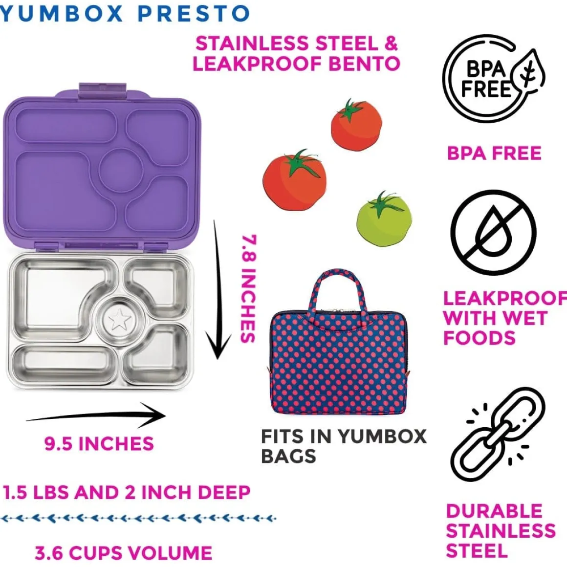 Yumbox Leakproof Bento Lunchbox, Presto Stainless Steel - Remy Lavender
