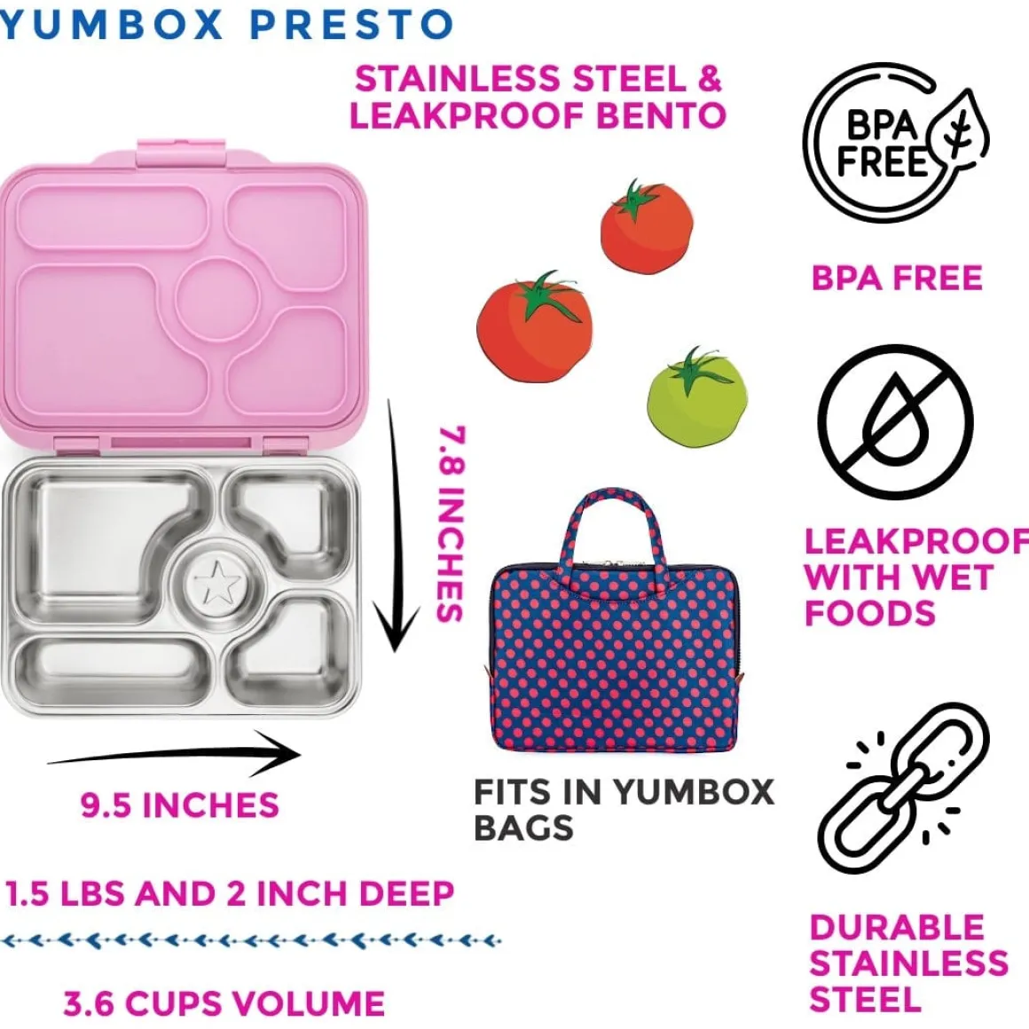 Yumbox Leakproof Bento Lunchbox, Presto Stainless Steel - Rose Pink