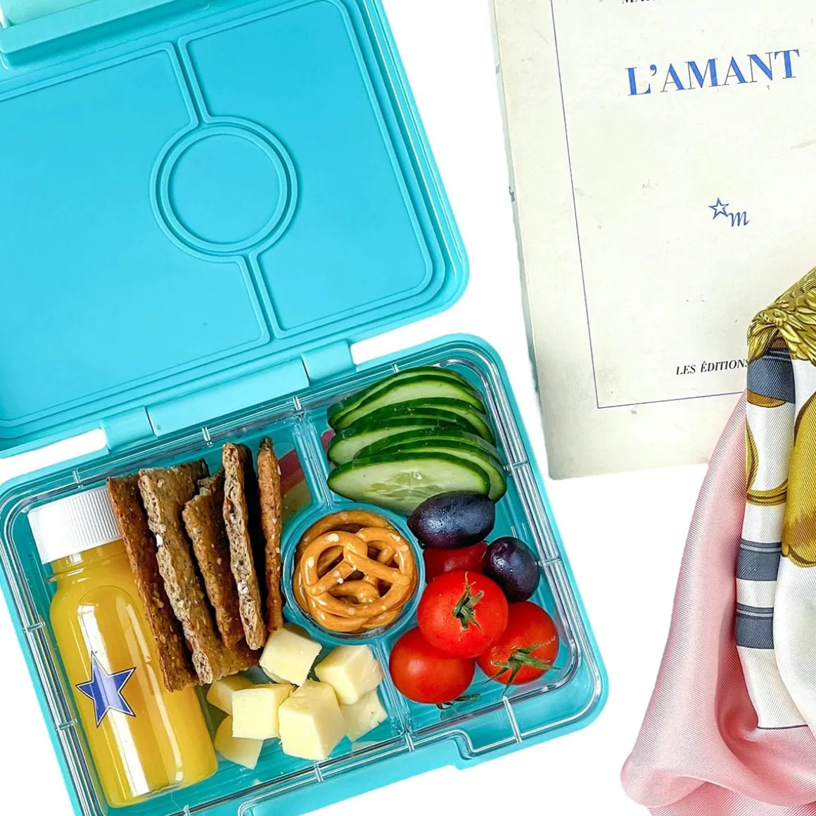 Yumbox Leakproof Bento Snack Box, 3 Compartment - Misty Aqua / Rainbow