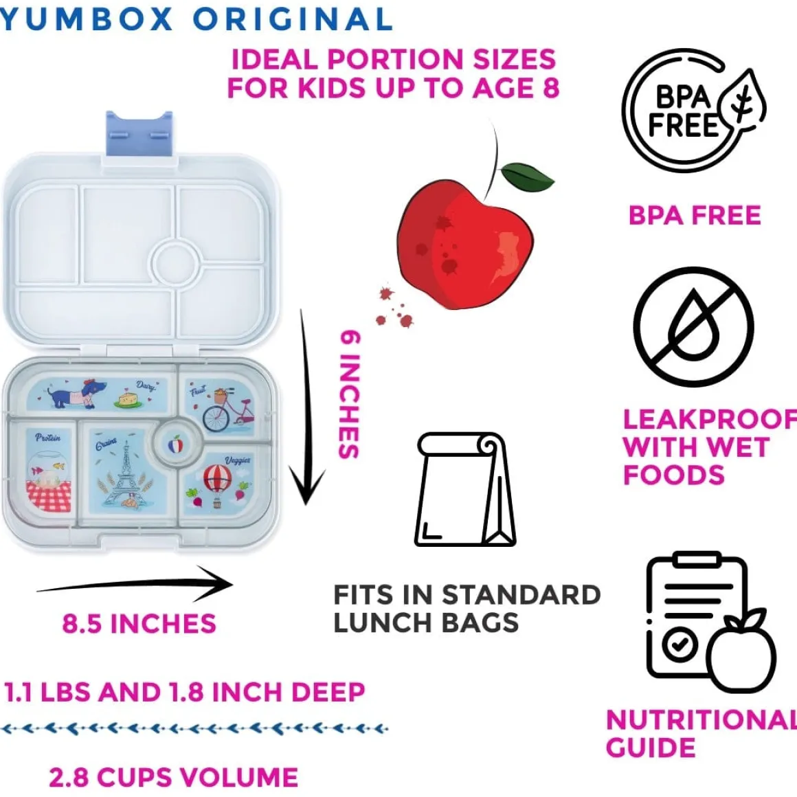 Yumbox Original Leakproof Bento Lunchbox, 6 Compartment - Hazy Gray / Paris Tray