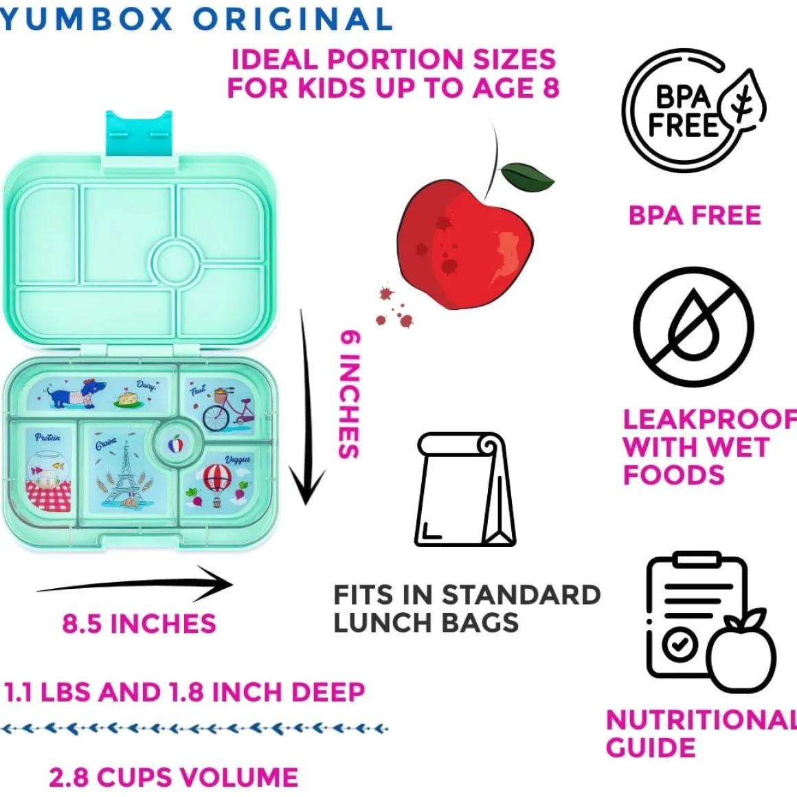 Yumbox Original Leakproof Bento Lunchbox, 6 Compartment - Serene Aqua / Paris Tray