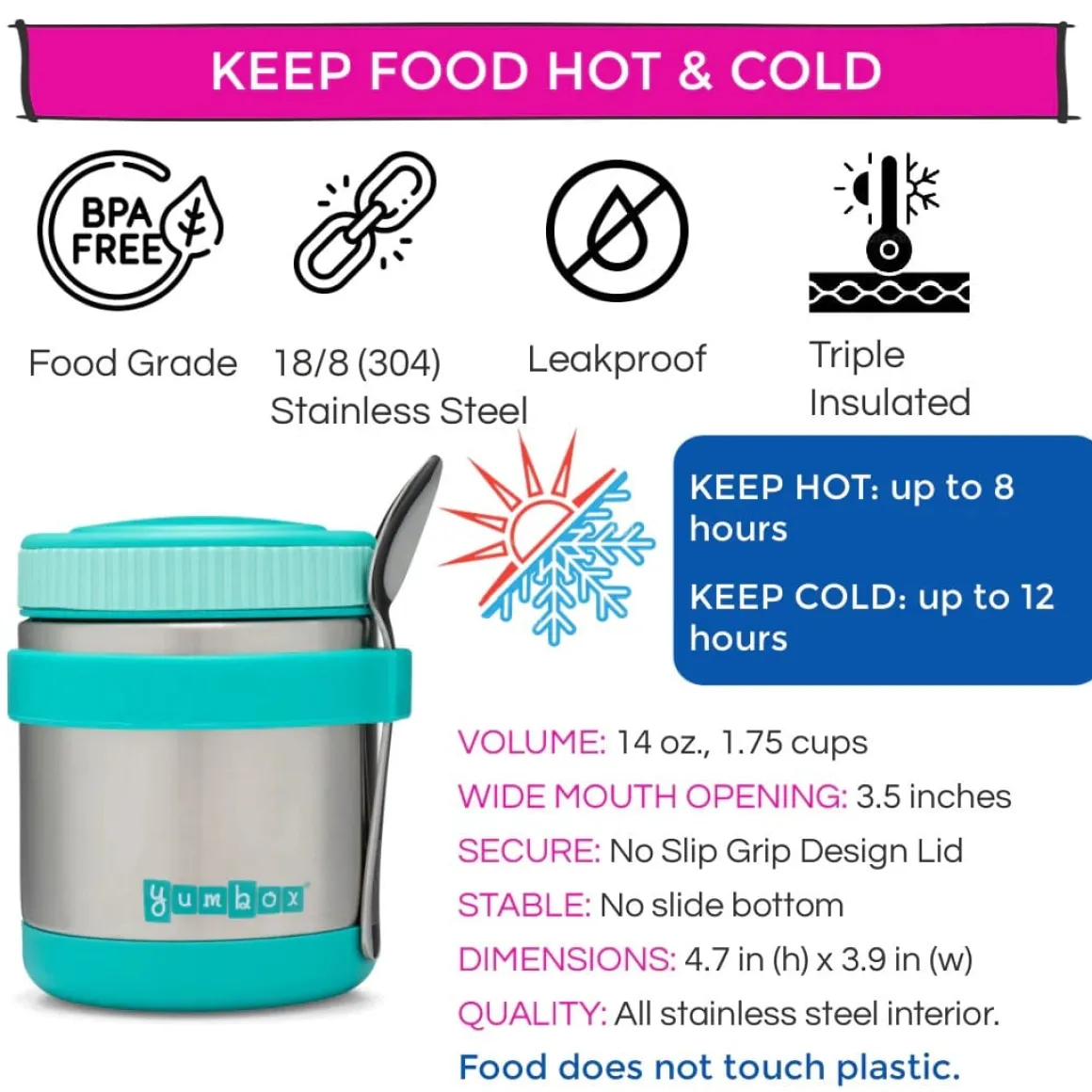 Yumbox Zuppa Stainless Steel Thermal Food Jar & Spoon, 14oz - Caicos Aqua